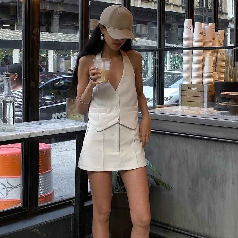 Women's Halter Deep V Cute Co-ord Set Elegant Outfits Single Breasted Waistcoat Top and Skirt 2 Piece Set