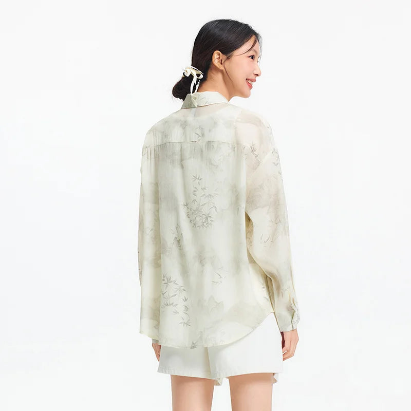 Women's Long Sleeve Oversized Shirt - Mid-Length Relaxed Fit with Artistic Ink Print