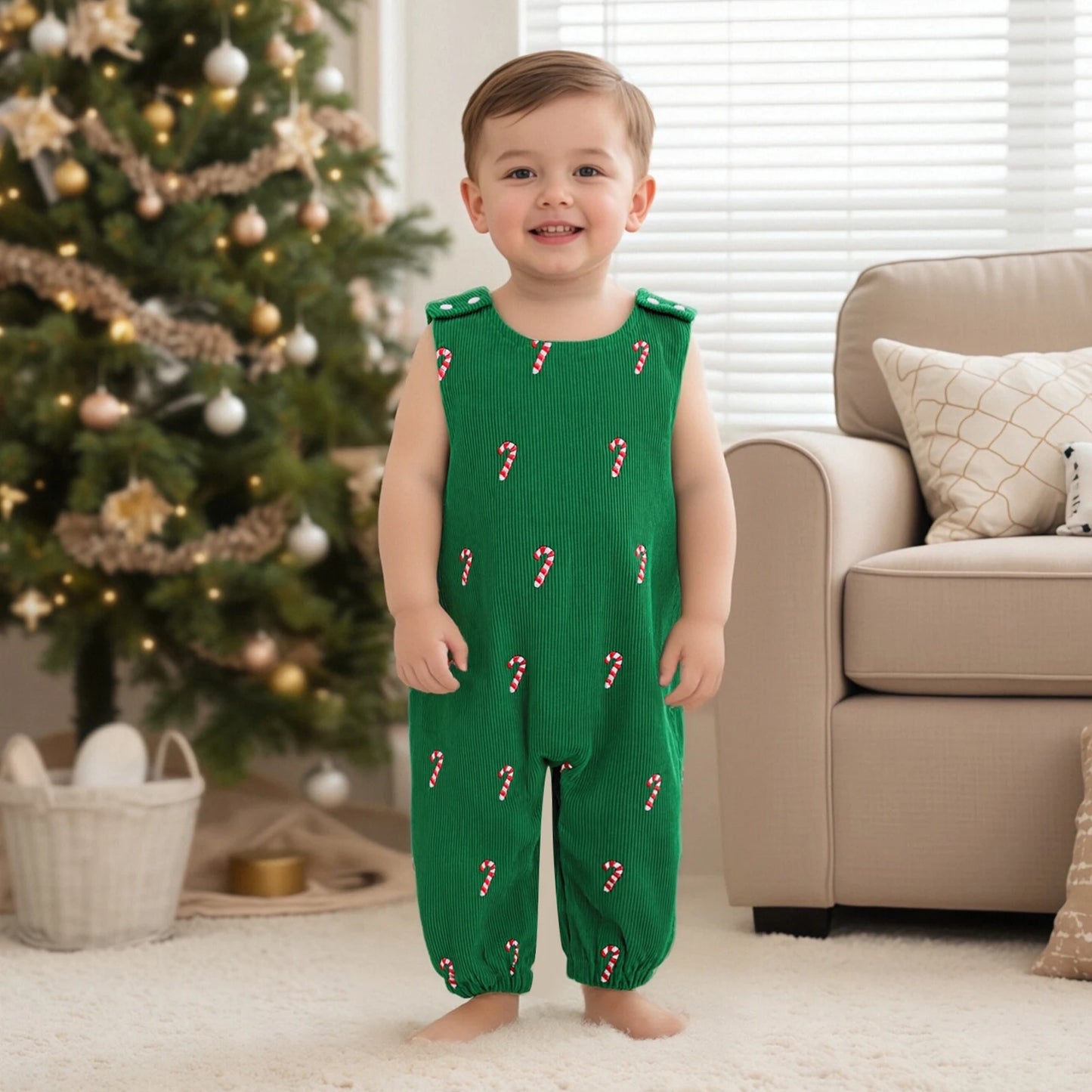 Newborn Baby Boys Christmas Romper - Sleeveless Round Neck Candy Cane Embroidery Jumpsuit