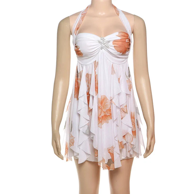 Women's Summer Halter Floral Mesh Mini Dress - Strapless Backless Holiday Dress