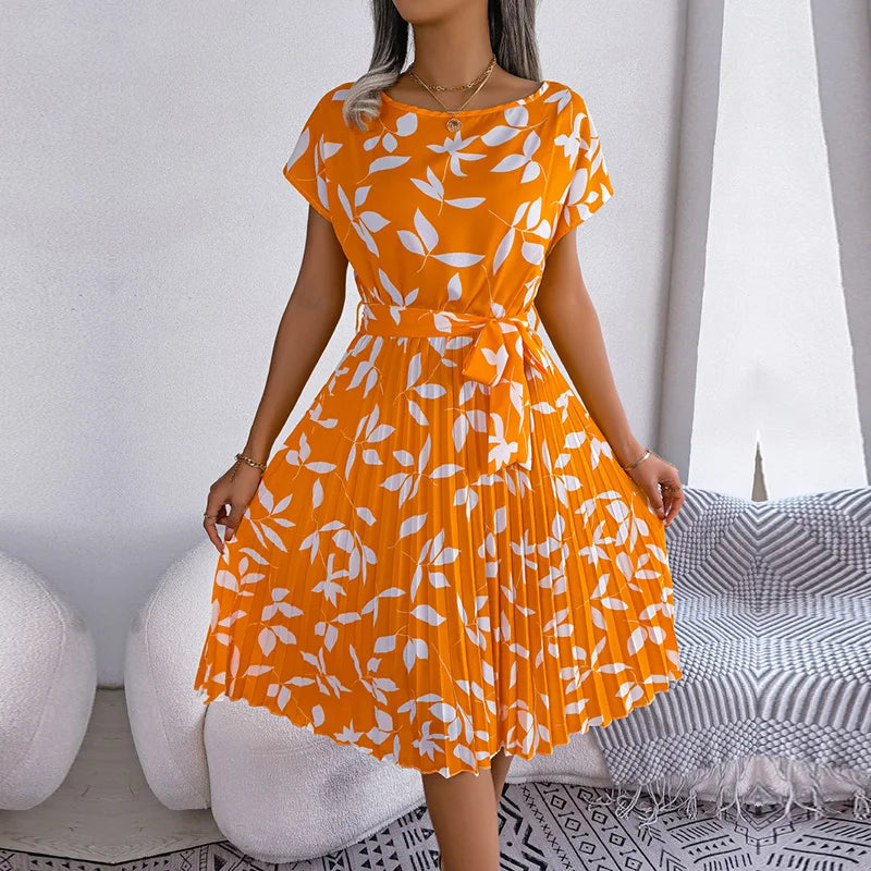 Women's Floral Pleated A Line Long Spring Summer Short Sleeve High Waist Chic Dress