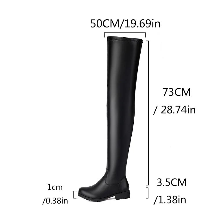 Women's Over The Knee Flat Boots - Round Toe Side Zip Belt Buckle Long Elastic Matte Leather Thigh Boots