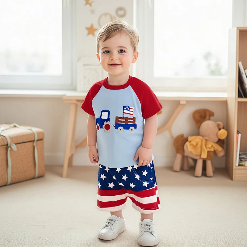 0-4Y American Flag Baby Boys Clothes Sets Tractor Embroidery Patchwork Short Sleeves T-Shirt Star Stripe Shorts