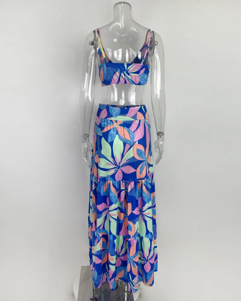 Women's Print Beach Two Piece Skirt White Bra High Waist A-line Long Skirt Beach Set