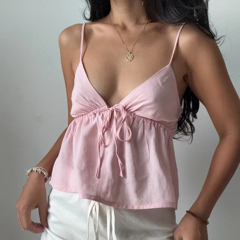 Y2K Camisole Crop Top - Backless Tie Front Top for Women
