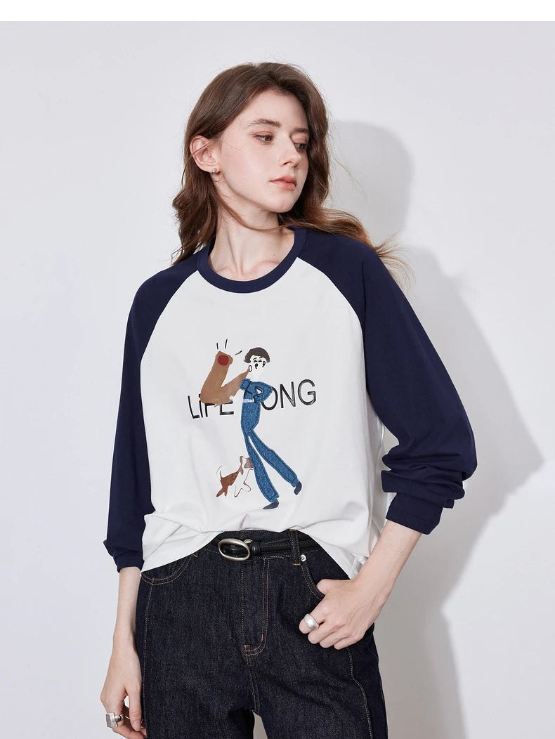 Women's Long Sleeve Lyocell Denim Patchwork Embroidery Cotton Pullover T-Shirt