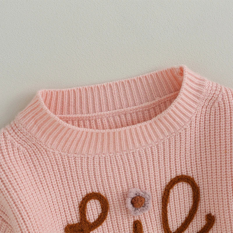 Toddler Girl's Sweater - Letter Embroidery Long Sleeve Crew Neck Pullover