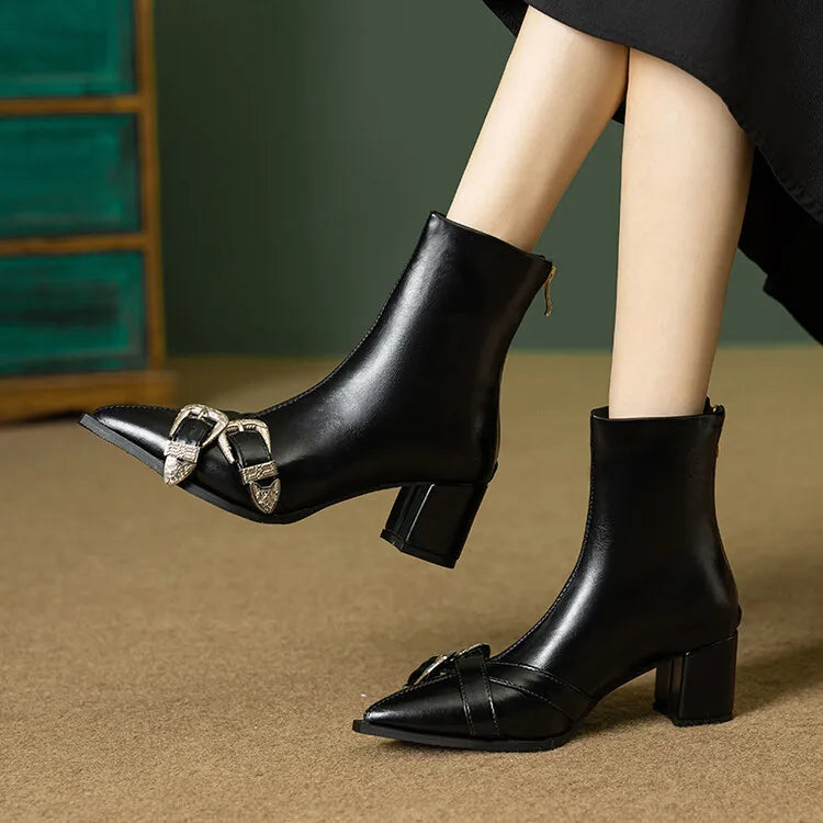 Women's Leather Metal Belt Buckle Short 6cm Square Heel Rivet Boot Back Zipper Boots