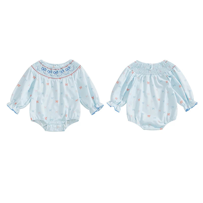 Baby Girls Casual Romper - Long Sleeve Embroidery Bow Print Jumpsuit