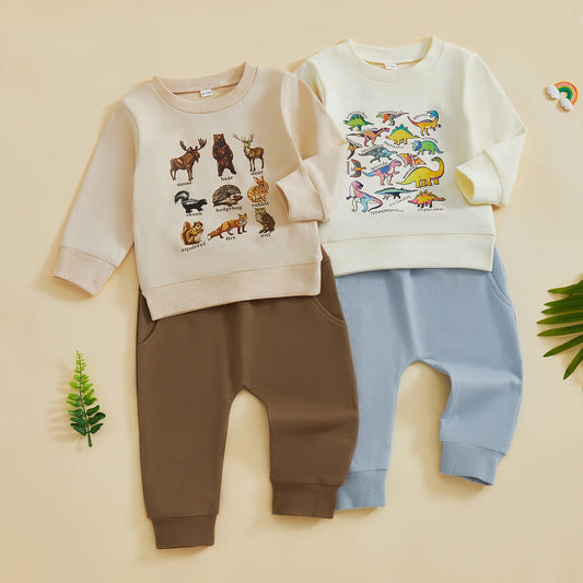 Baby Boy's Outfit Set - Dinosaur/Animal Print Sweatshirt & Elastic Pants