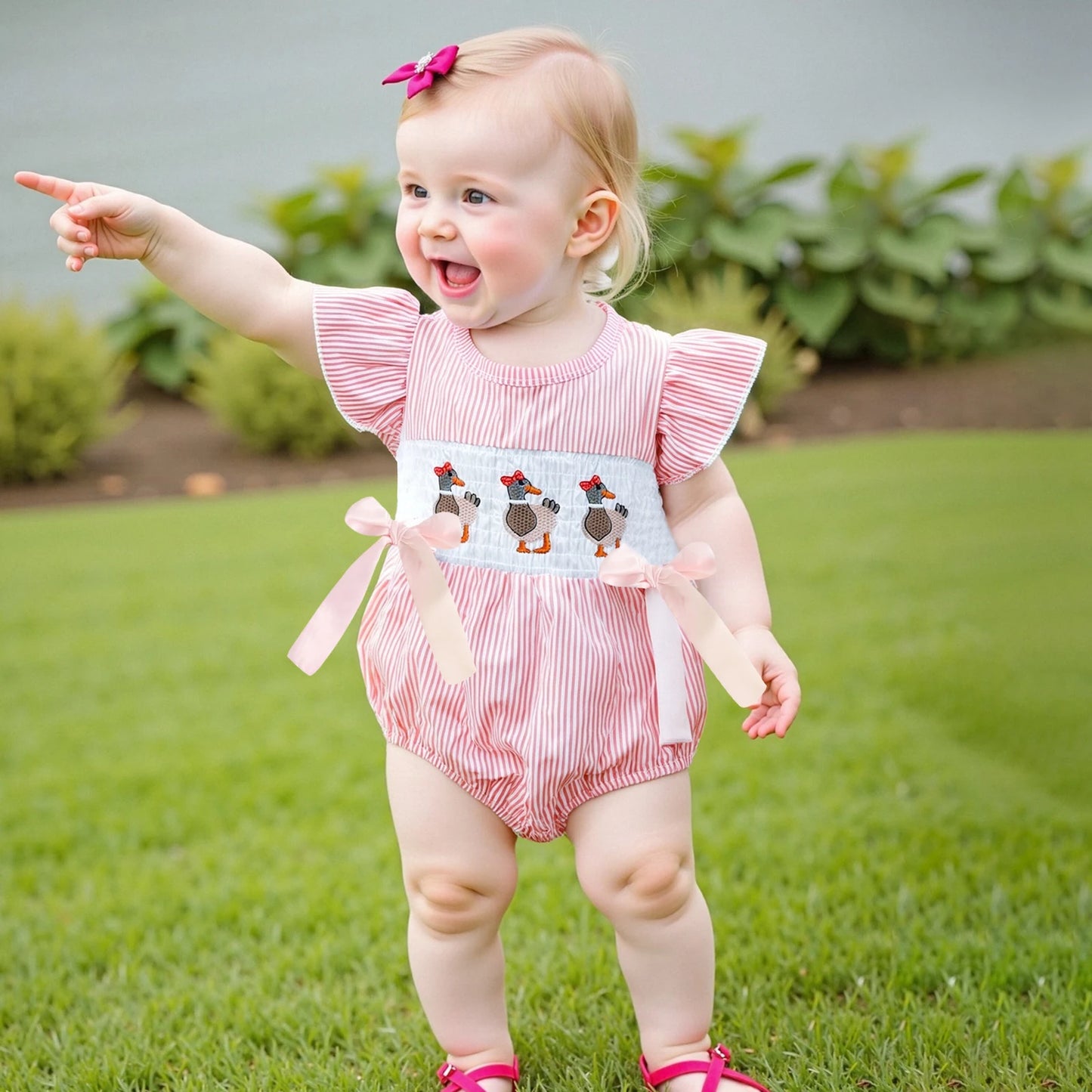 Baby Girls Striped Duck Embroidery Romper - Short Sleeve Jumpsuit with Bow (0-18M)