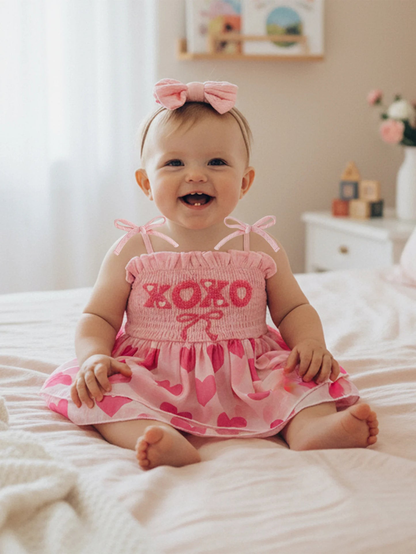 Baby Valentine's Day Romper Set - Letter Embroidery Jumpsuit with Bow Headband