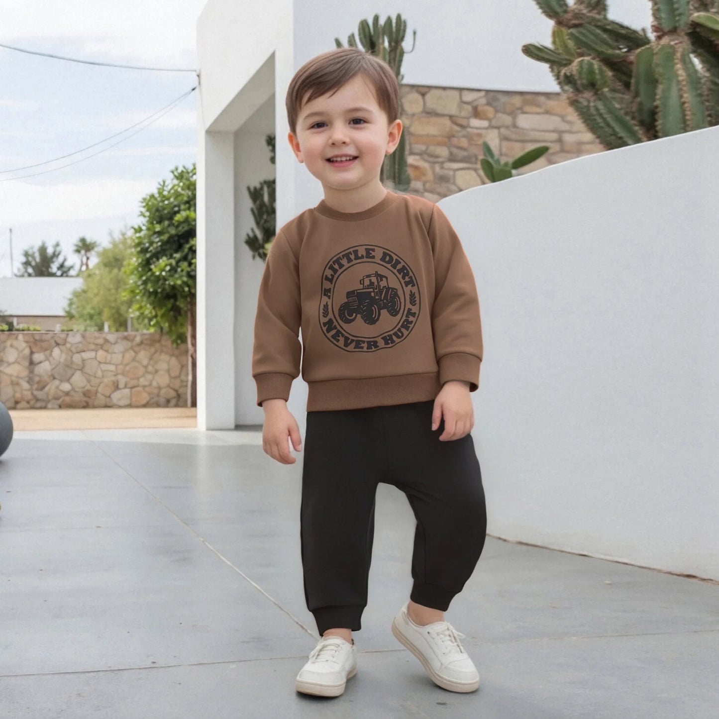 Baby Boys Autumn Winter Clothes Set - Long Sleeve Letters Printed Pullover Sweatshirt & Solid Color Pants