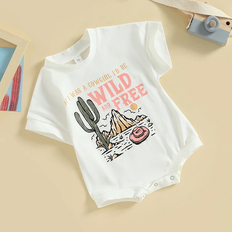 0-24M Infant Baby Girls Western Romper Short Sleeve Letter Cactus Cowgirl Hat Print Jumpsuits Summer Clothes