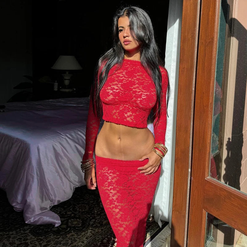 Women's Hollow Lace See Through Red Dress Set Square Neck Top and Skirt 2 Piece Set