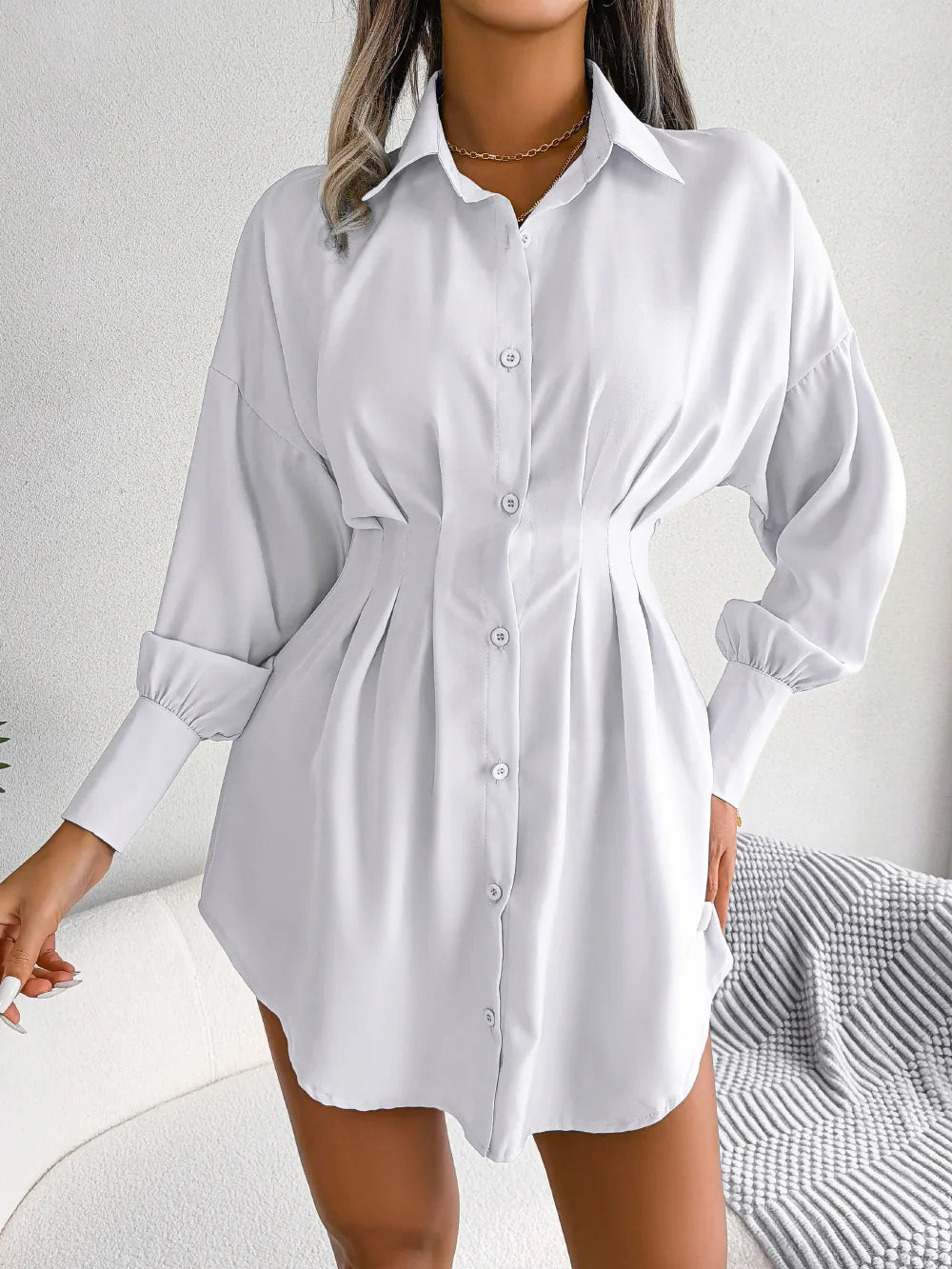 Women's Autumn Winter Casual Lantern Sleeve High Waist Asymmetric Dress Shirt Dress