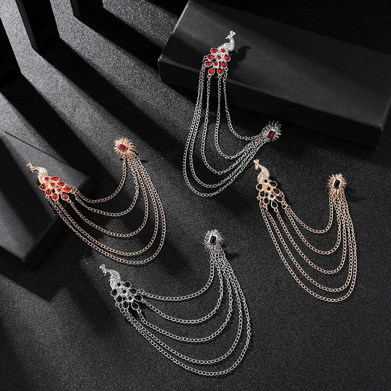 Men's Retro Brooch Pin Badge Peacock Tassel Collar Pins with Chain Shirt Crystal Corsage Jewelry Accessorie