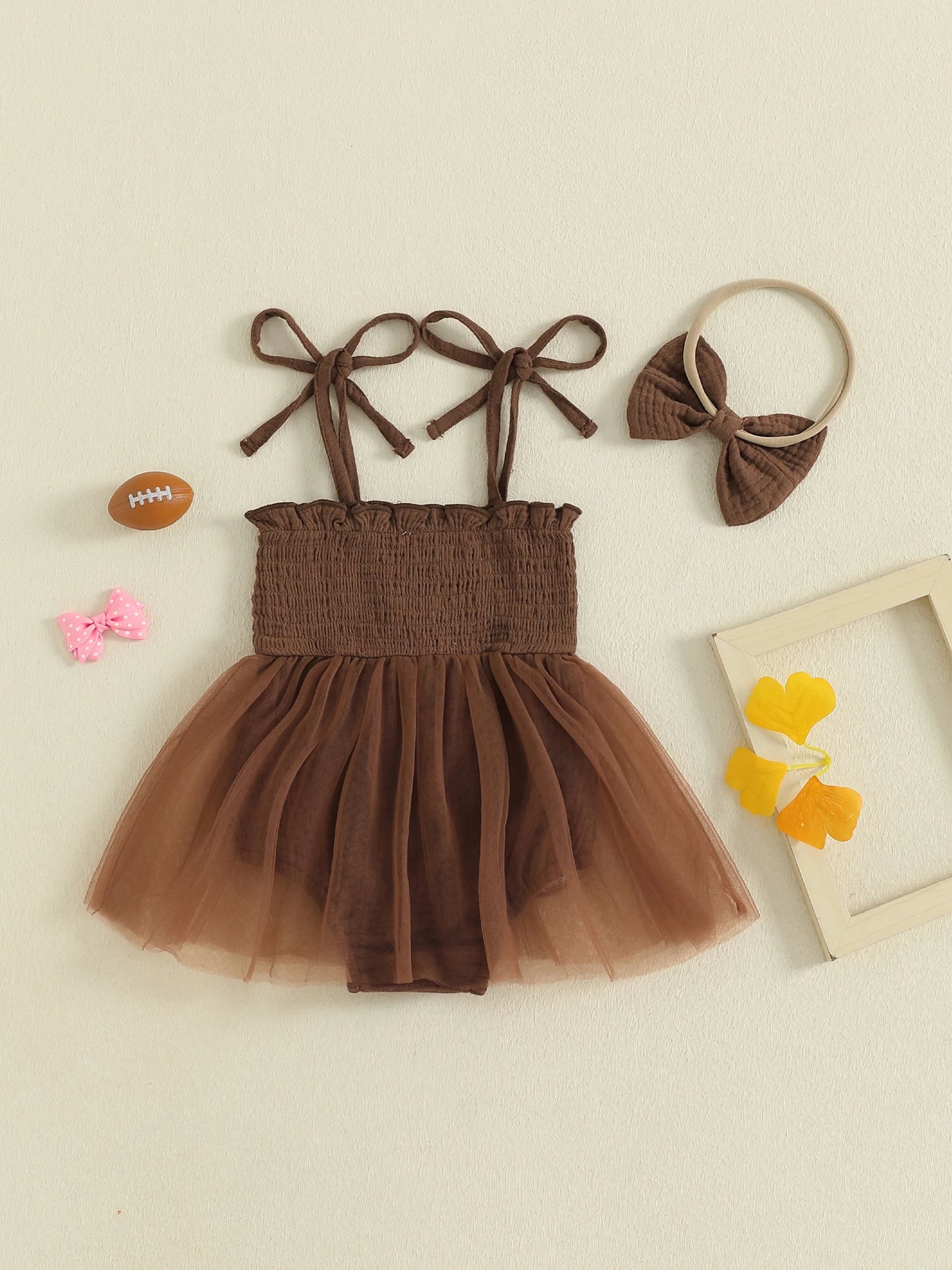 Baby Girls Football Embroidered Romper Dress with Bow Headband (0-18M)