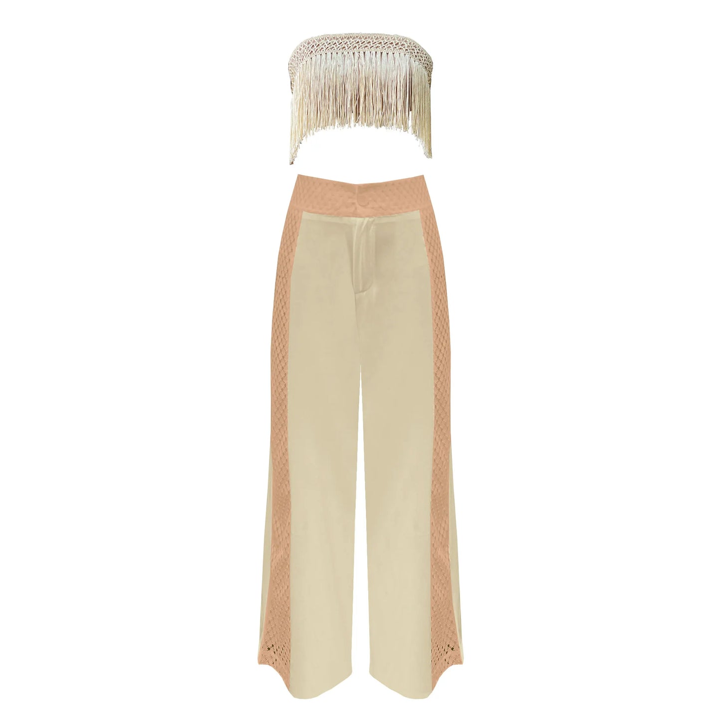 Women's Tassel Pants Set Elegant Bandage Wide Leg Pants Lace Patchwork High Waist Two Piece Set