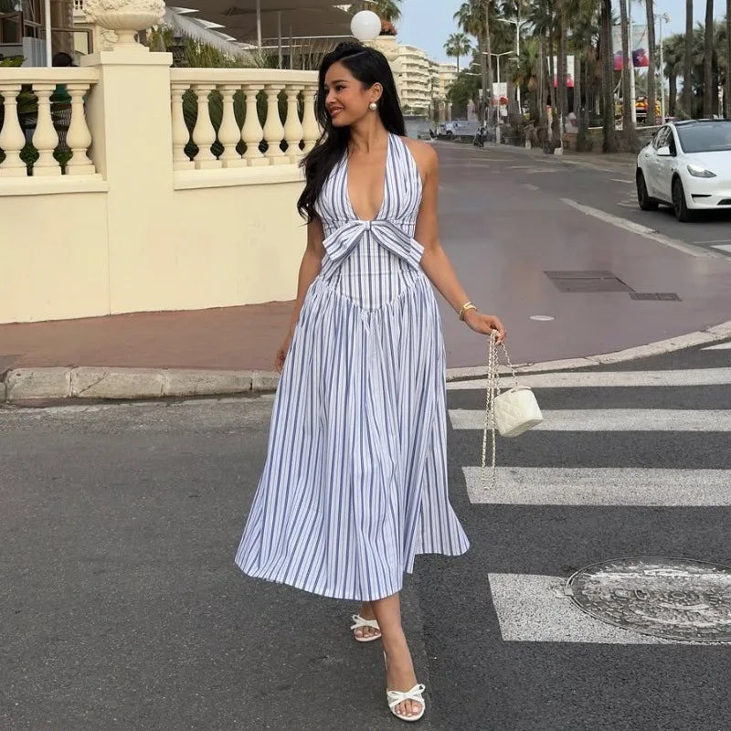 Women's Bow Detail V-Neck Halter Maxi Dress