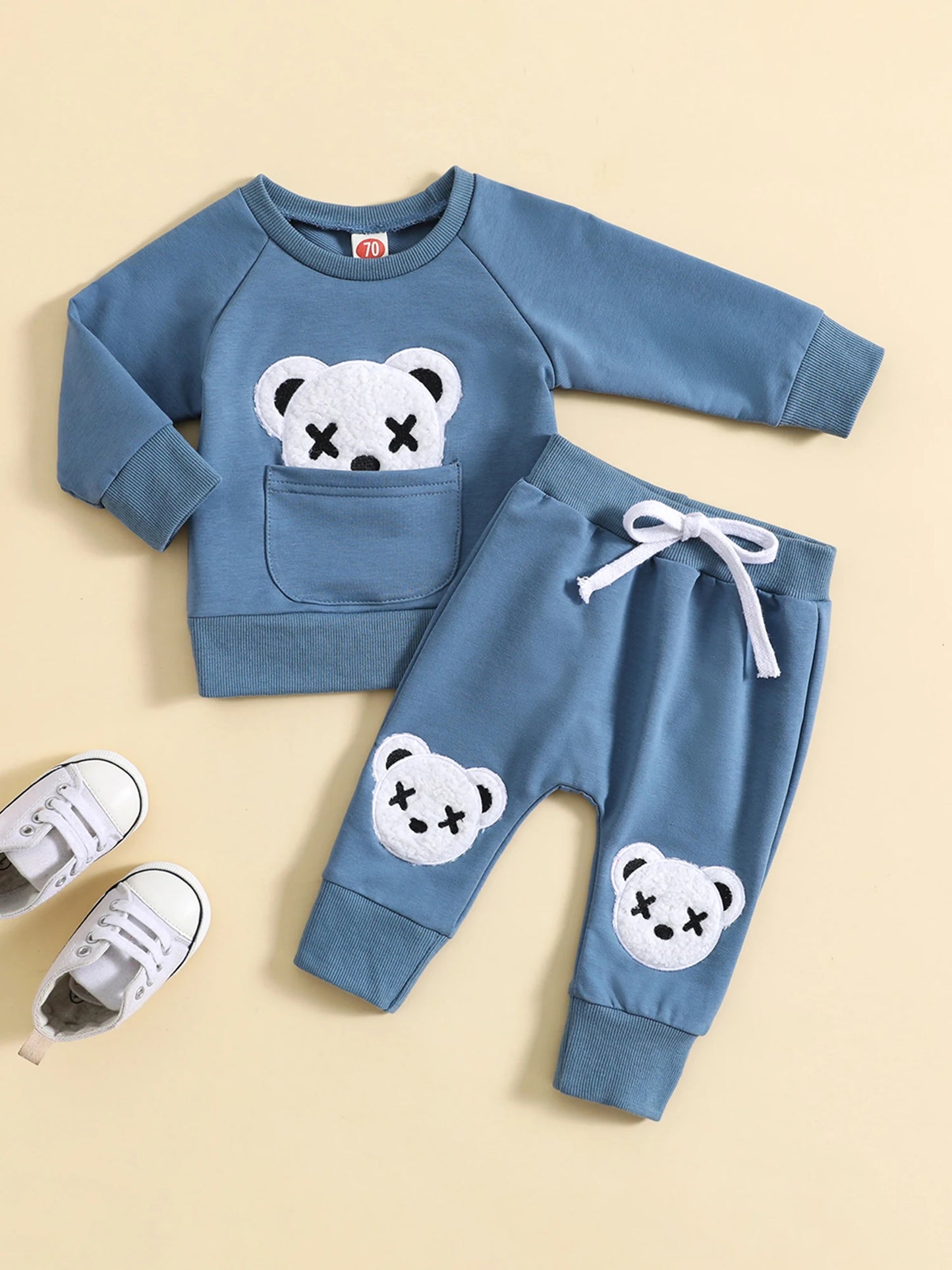 Toddler Boy's 2-Piece Outfit Set - Bear Embroidery Pullover & Drawstring Pants