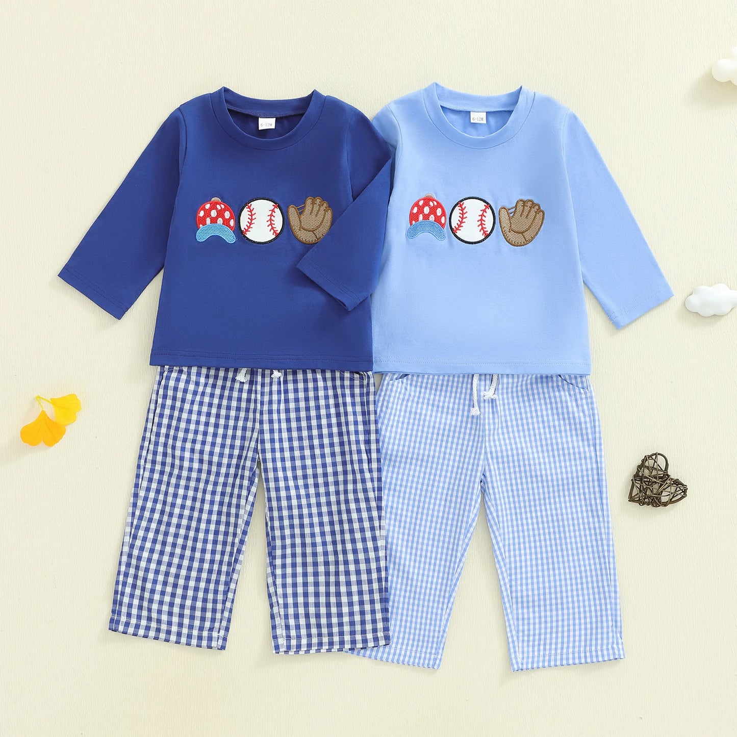Autumn Winter Baby Boys Clothing Set - Baseball Embroidery Sweatshirt & Plaid Pants