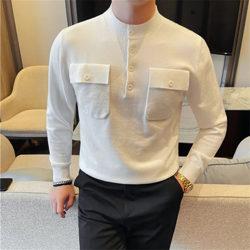 Men's Slim Fit Knitted O-Neck Pullover Sweater Solid Color Warm Korean Style