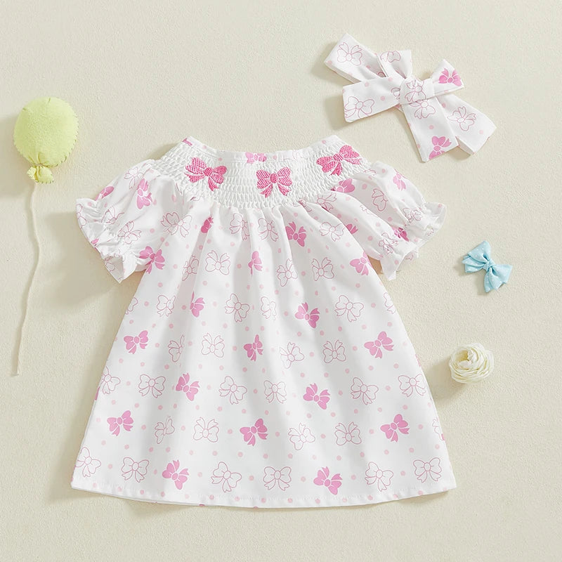 Baby Girls Summer Dress Set - Puff Sleeve Heart & Bow Embroidery with Headband