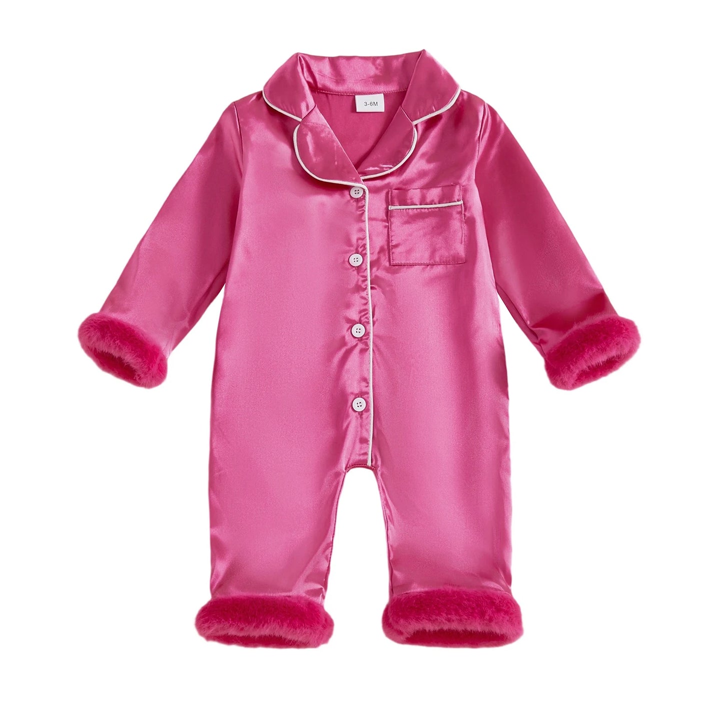 Baby Satin Pajama Romper - Fur Trim Button Down with Lapel