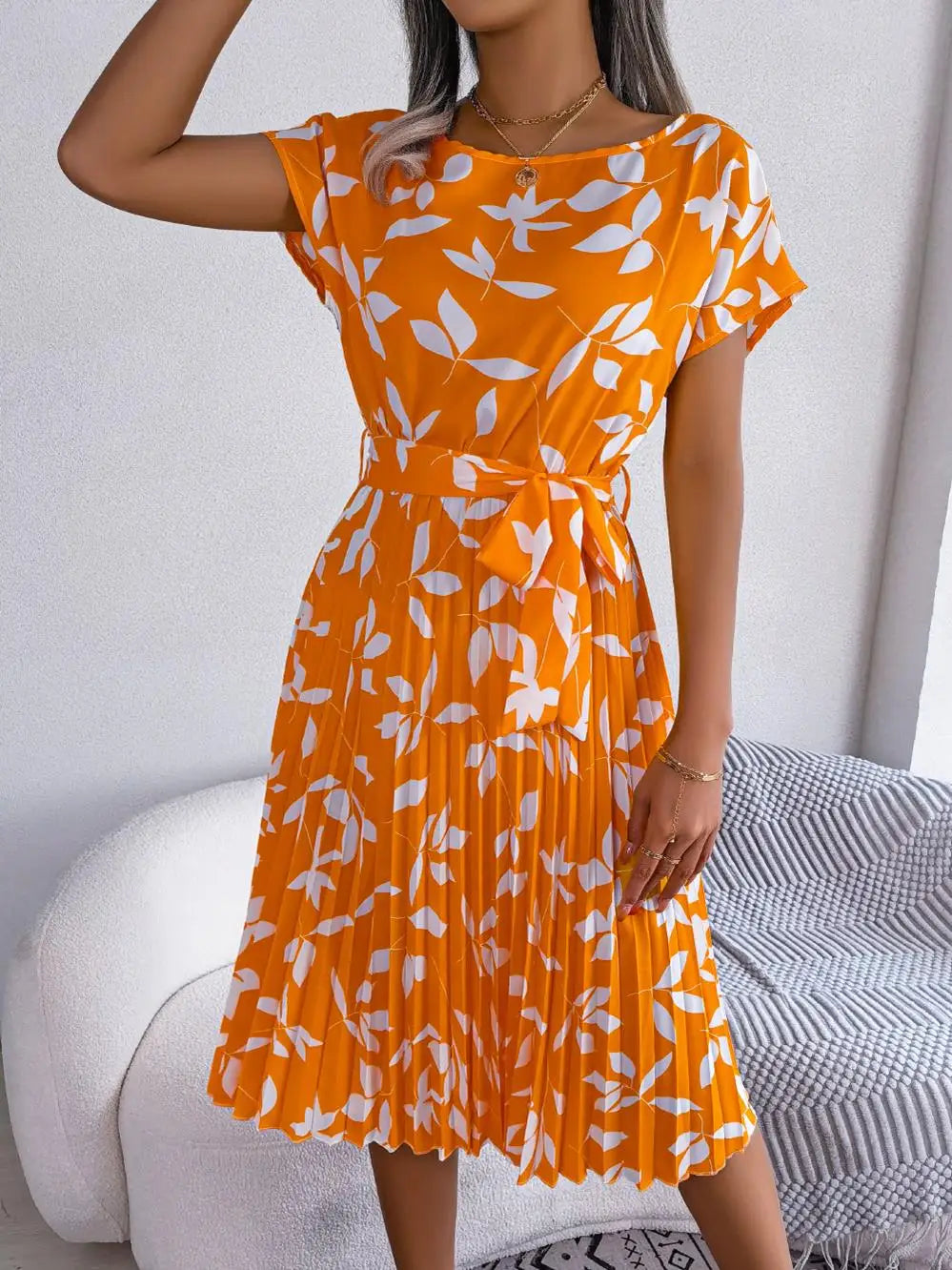 Women's Floral Pleated A Line Long Spring Summer Short Sleeve High Waist Chic Dress