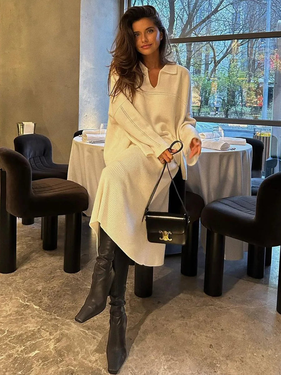 Women's Loose Sweater V-Neck Knit Pullover Top and Long High Waist Skirt 2 Piece Set