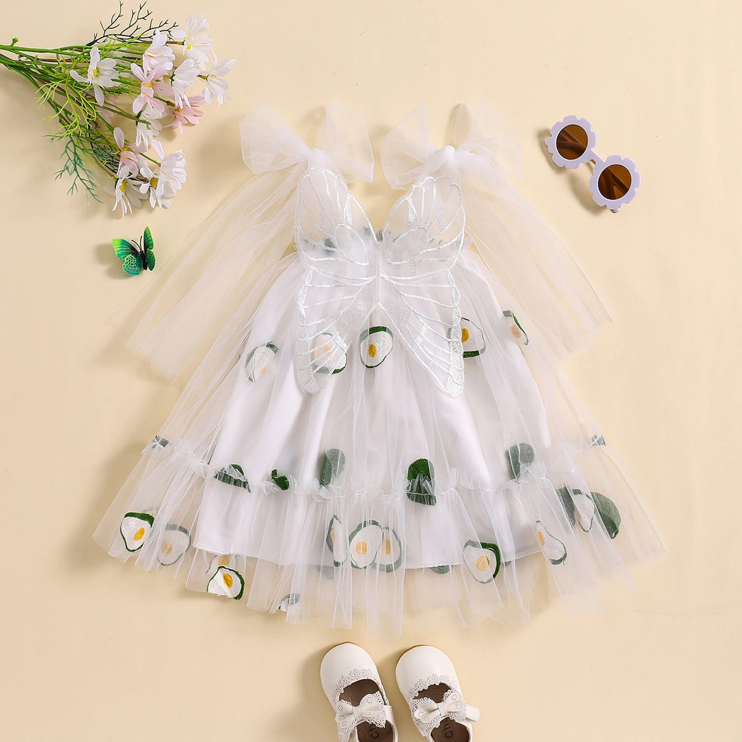 Summer Baby Girls Princess Dress 0-3Y Sleeveless Straps Print Mesh Tulle Sundress with Butterfly Wing