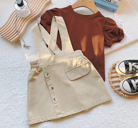 Girl's Summer Puff Sleeve T-Shirt Button Strap Skirt Two Piece Set