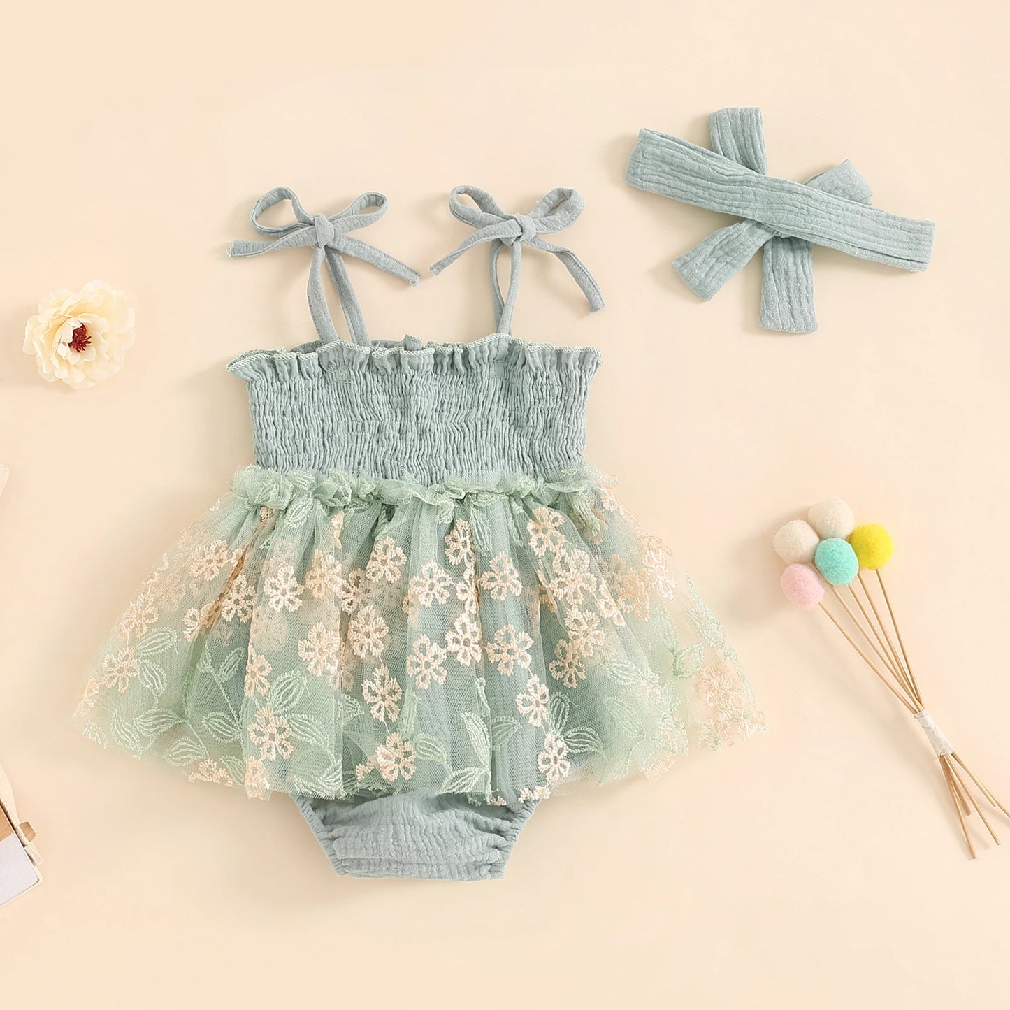 Baby Girls Flower Embroidered Tulle Romper Dress - Tie-Up Spaghetti Strap Jumpsuit with Headband (0-24M)