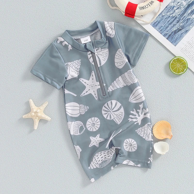 0-3Y Infant Baby Boys Summer Swimwear Cute Sea Element Prints Zipper Short Sleeve Swimsuit Beachwear