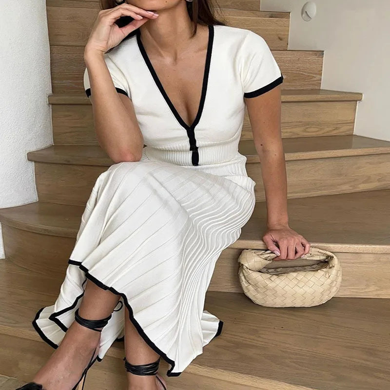 Women White long Skirt and Short Sleeve V-neck Crop Top Pleated Skirt set 2 PCS Set