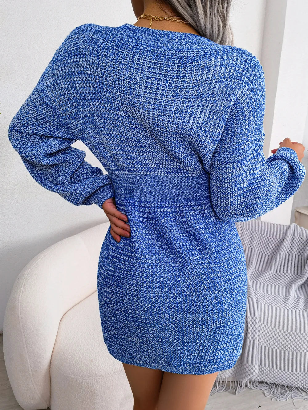 Women's Autumn Winter V Neck Lantern Sleeve Nipped High Waist Sweater Chic Knitted Dress