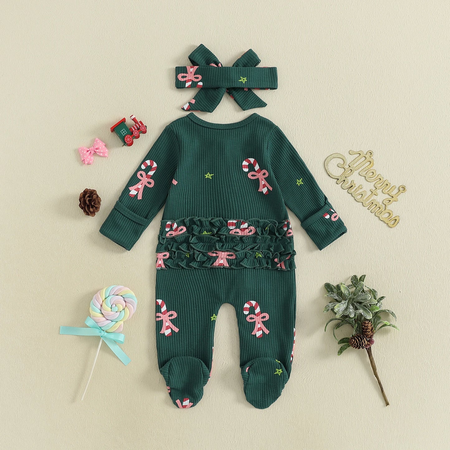 Baby Christmas Romper Set - Candy Cane/Gingerbread Print Oblique Zipper Jumpsuit & Headband