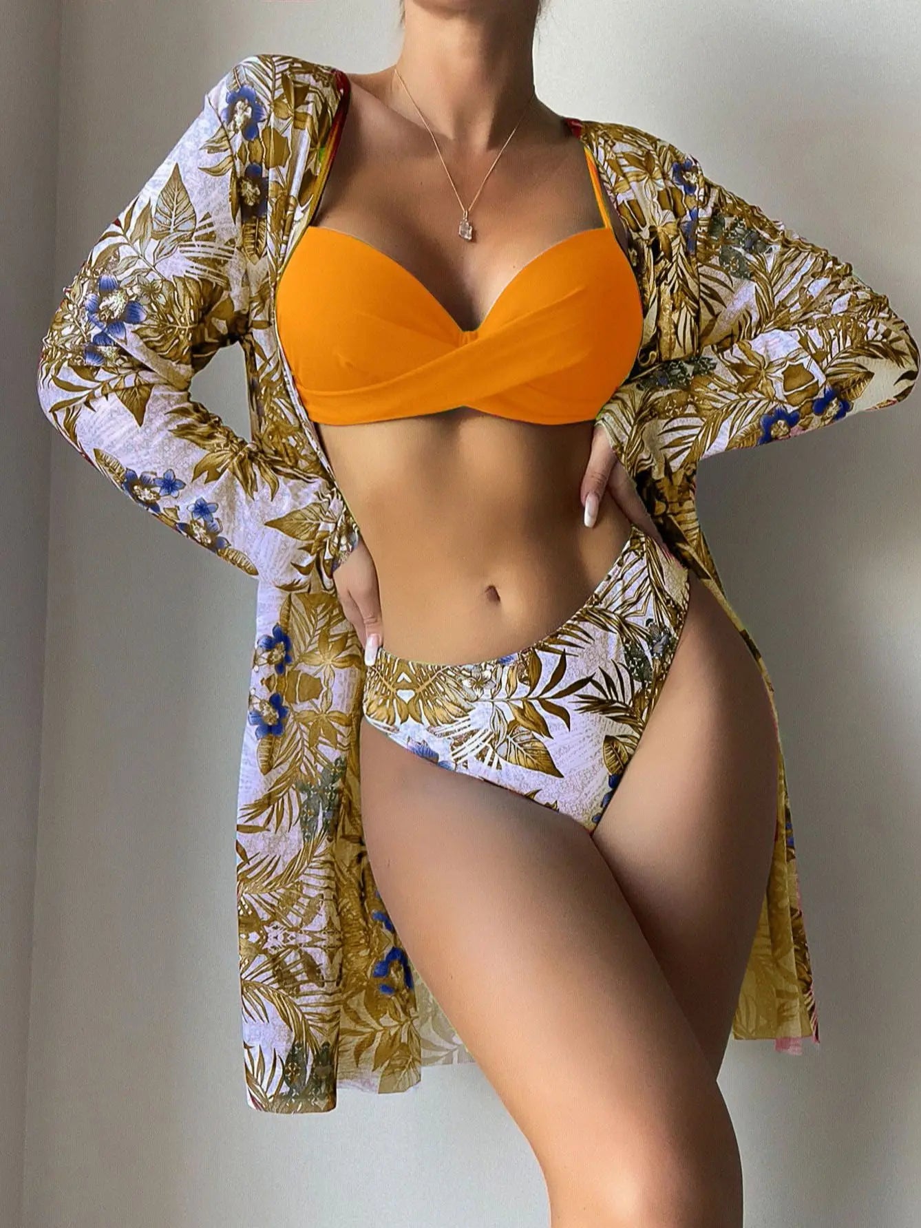 Women's Print Beach Cover Up And Bikini Set Swimwear Hollow Out Swimsuit High Waist Three Piece Beachwear