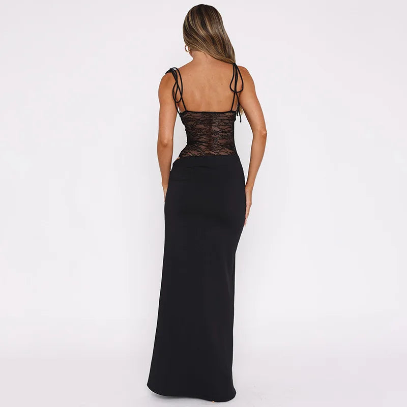 Women's Lace Trimmed Cut Out Backless Maxi Dress Club Outfits Summer Bandage Lace Up Slip Gown Dress
