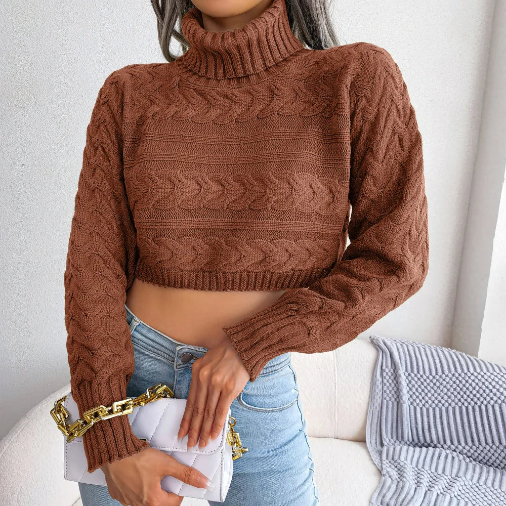 Women's Autumn Winter Casual Twist Long Sleeve Turtleneck Crop Knit Sweater