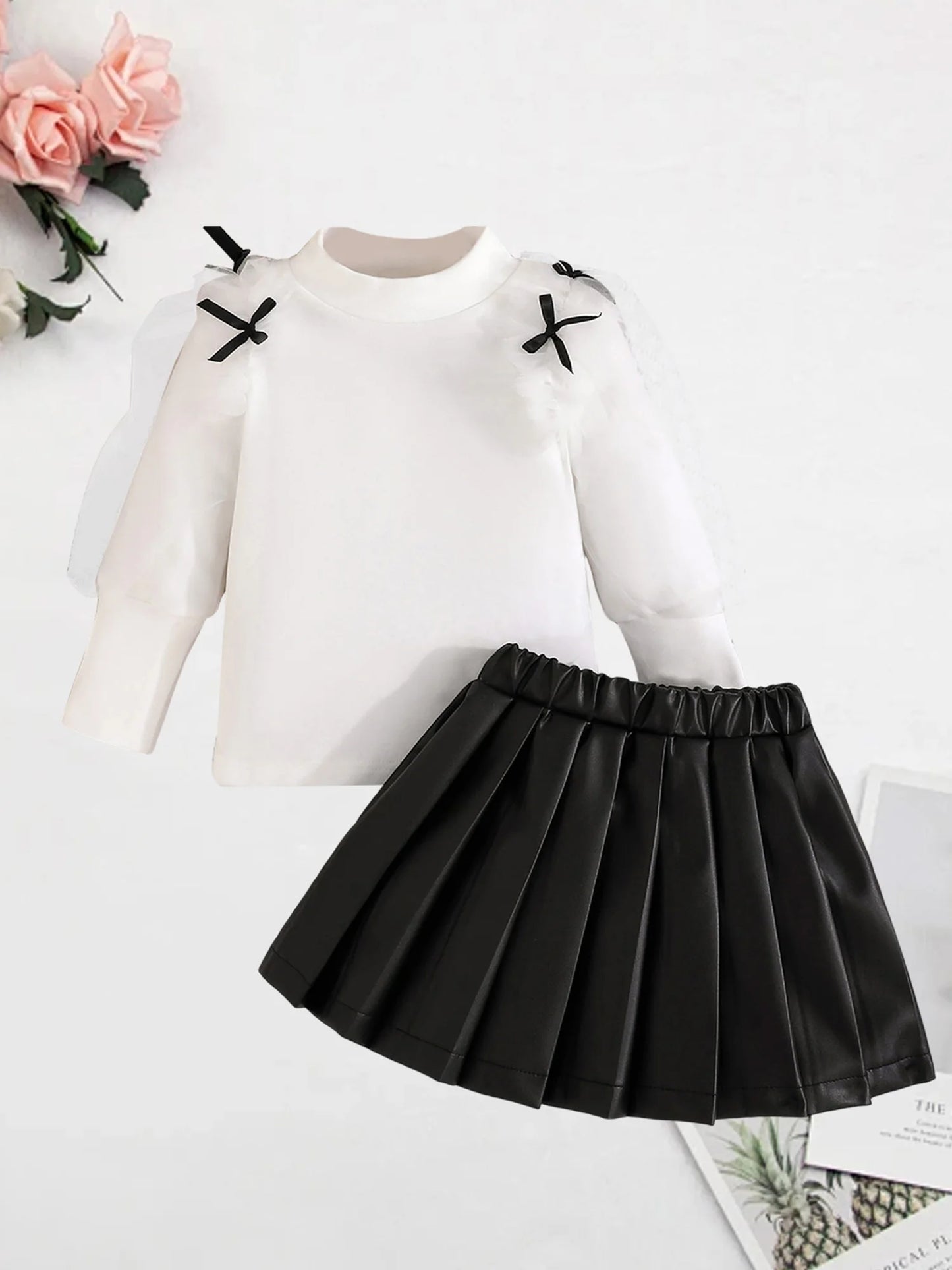 Toddler Kids Girls Fall Clothes Set - Mesh Bow Mock Neck Long Sleeve Top & Pleated Skirt