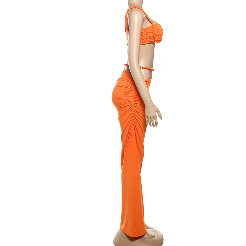 Women's Ruched Bandage 2 Piece Set Backless Decorative Cord Top and Skirt Dress Set