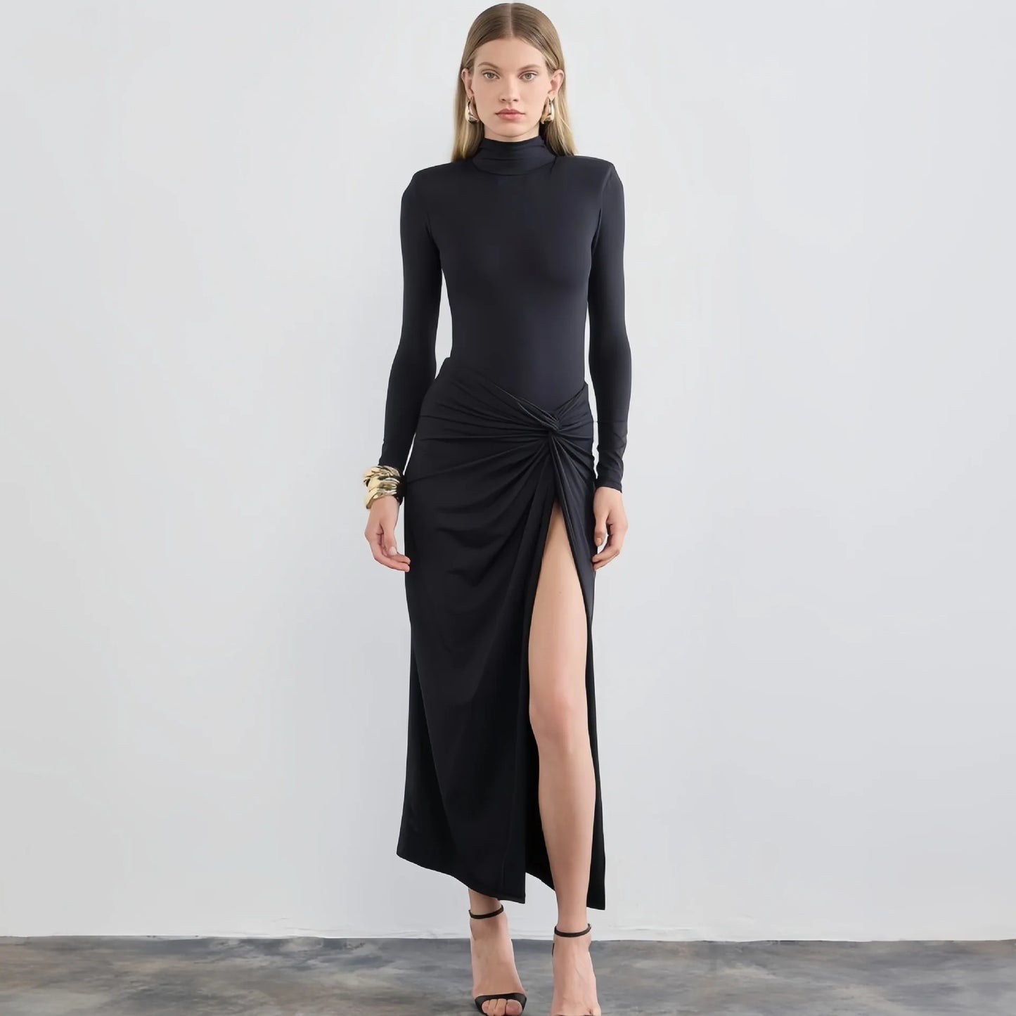 Women's Slit Ruched Long Dress - Splice Half High Collar Bodycon Long Sleeve Dress