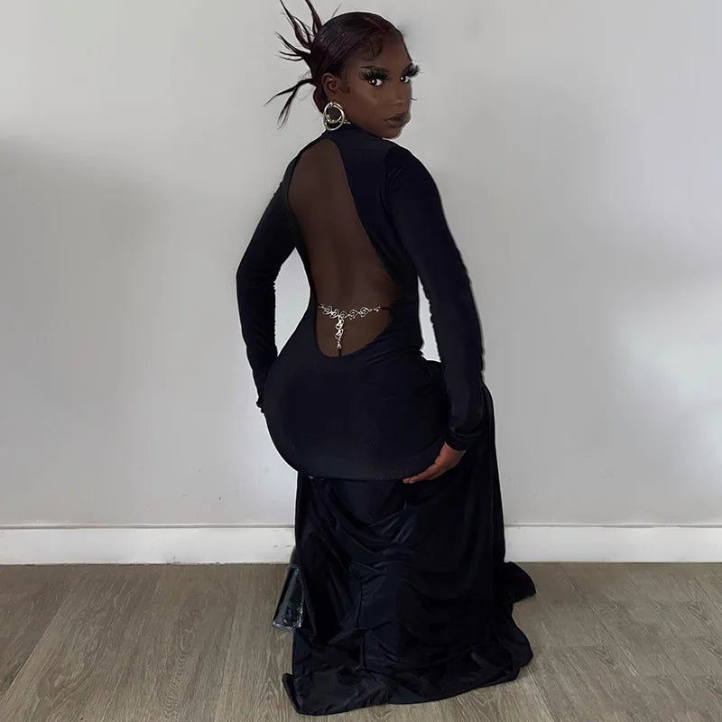 Women's Cut Out Chain Backless Maxi Party Club Long Sleeve Slit Long Dress