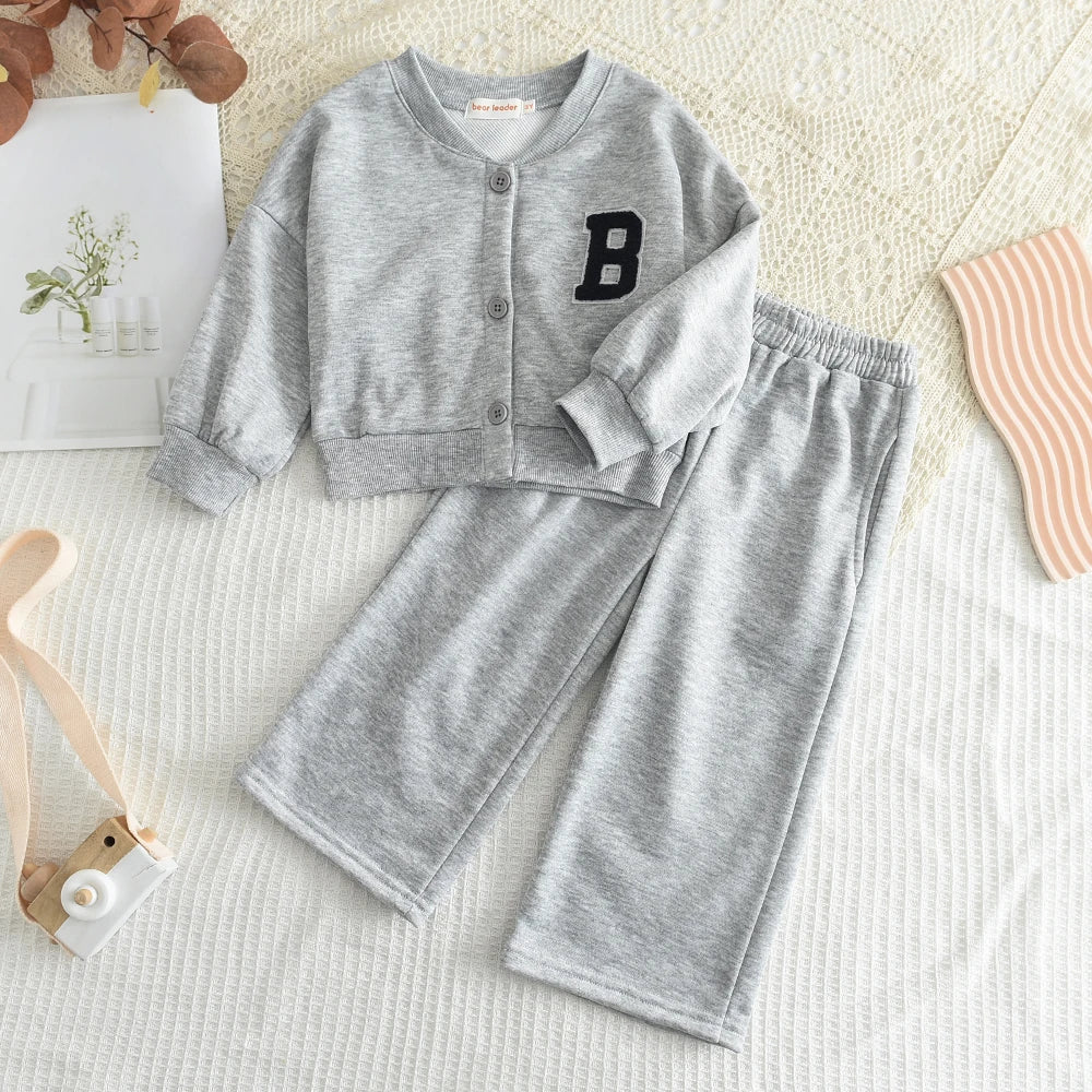 8-12 Year Old Girl's Clothes Long Sleeved Letter V-neck Cardigan and Pants 2 piece Set