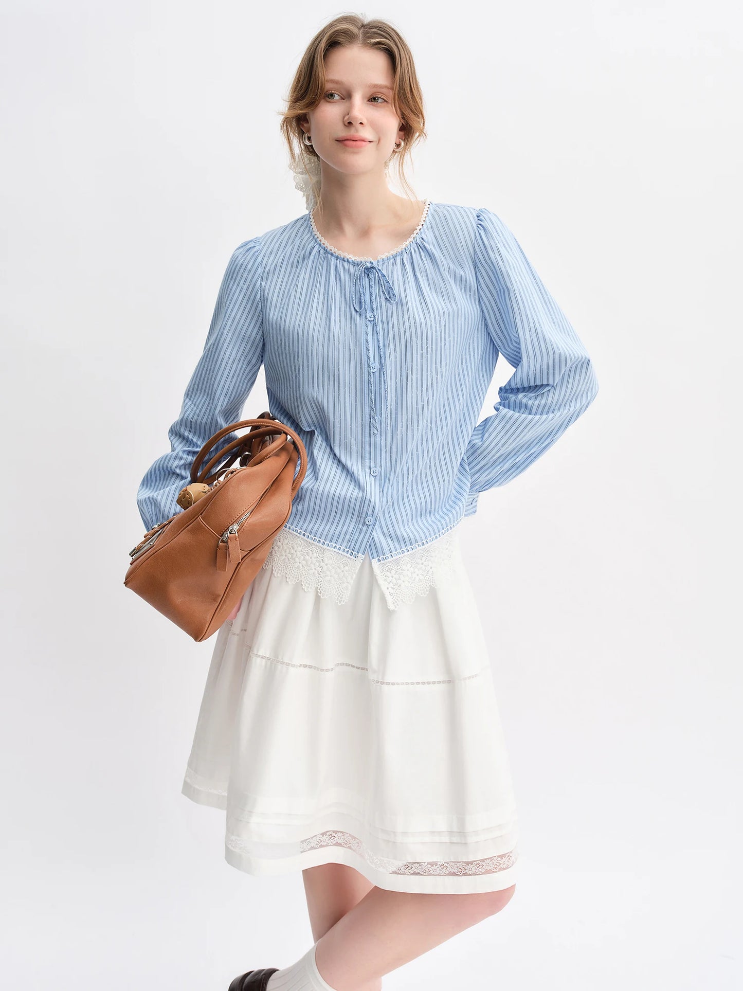 Women's Autumn Clothing Set - Long Sleeve Shirt & A-Line Skirt