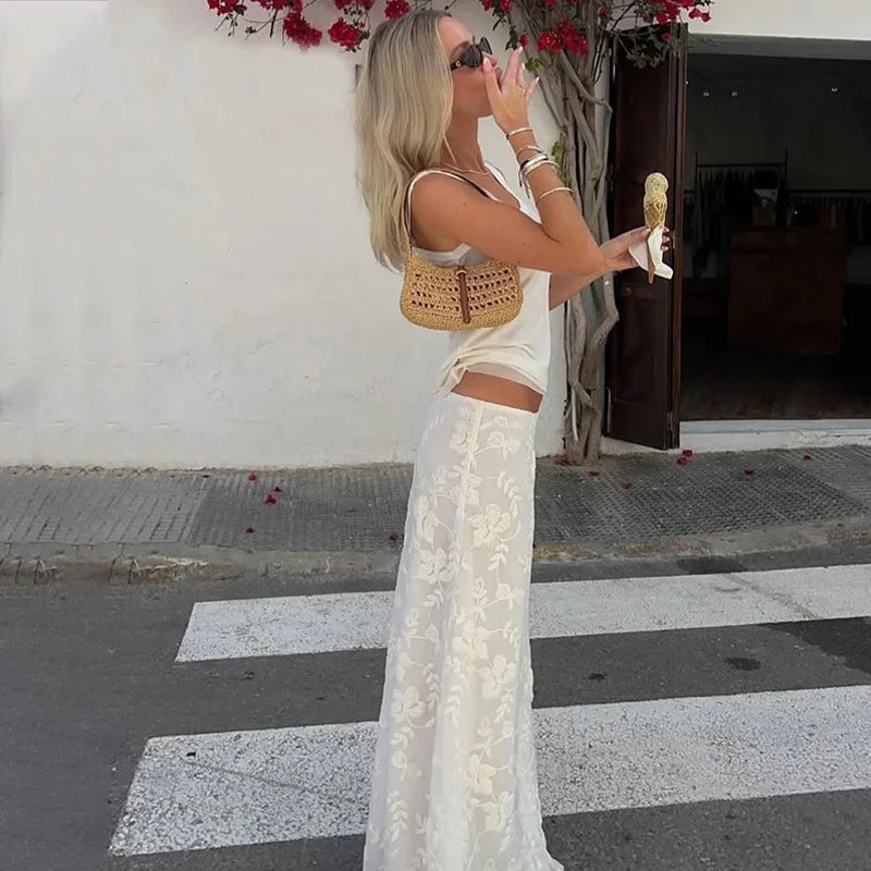 White Jacquard Maxi Skirt - Elegant Low Rise Y2K Summer Skirt