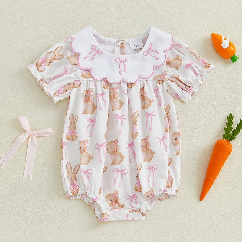 Easter Baby Girls Cute Romper - 3 Style Rabbit Bow Print Doll Collar Ruffle Short Sleeve Bodysuit (0-18M)