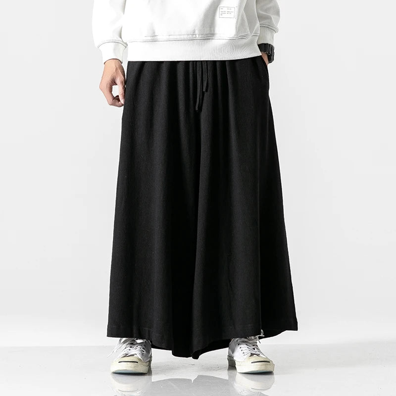 Men's Loose Wide Leg Cotton Linen Trousers with Elastic Waist